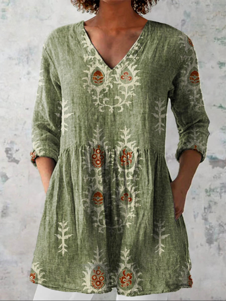 Elise | Soft Green Print V-Neck Blouse