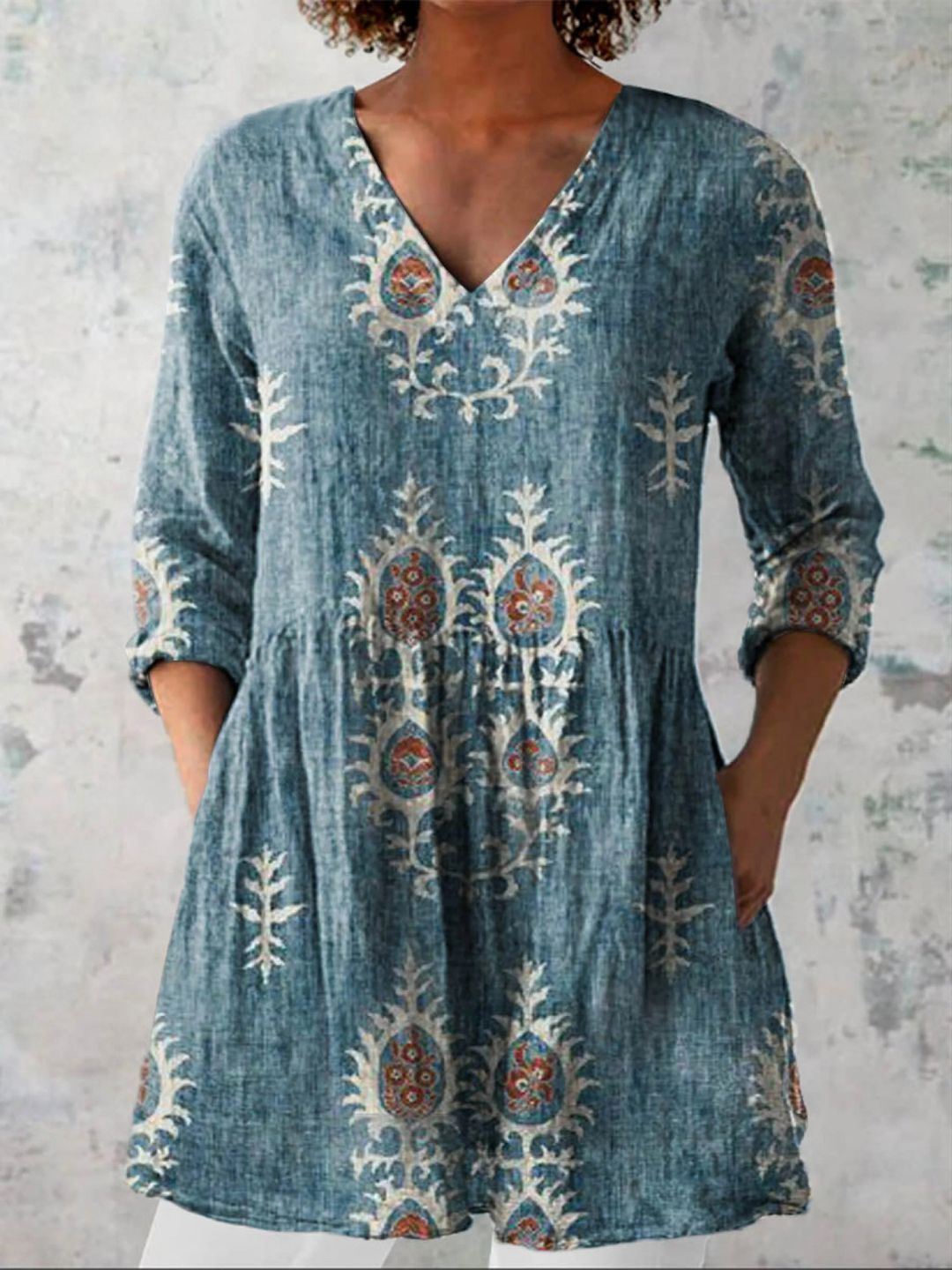 Elise | Soft Green Print V-Neck Blouse