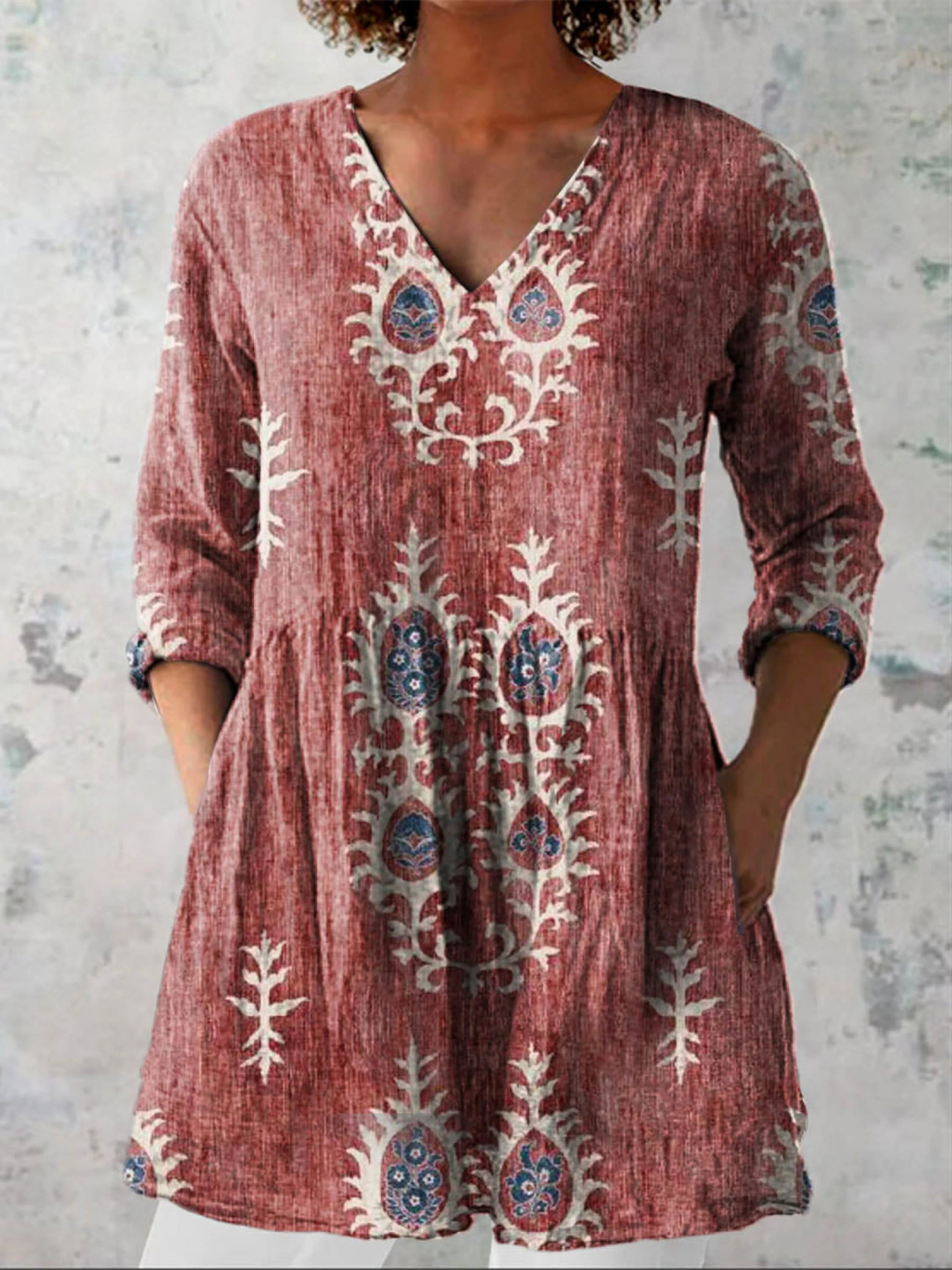 Elise | Soft Green Print V-Neck Blouse
