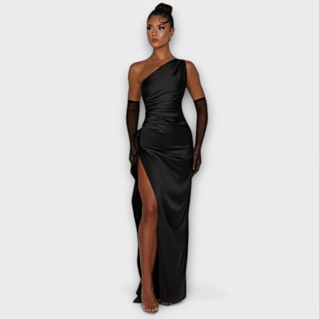 Asymmetrical Maxi Dress with Draping on One Arm